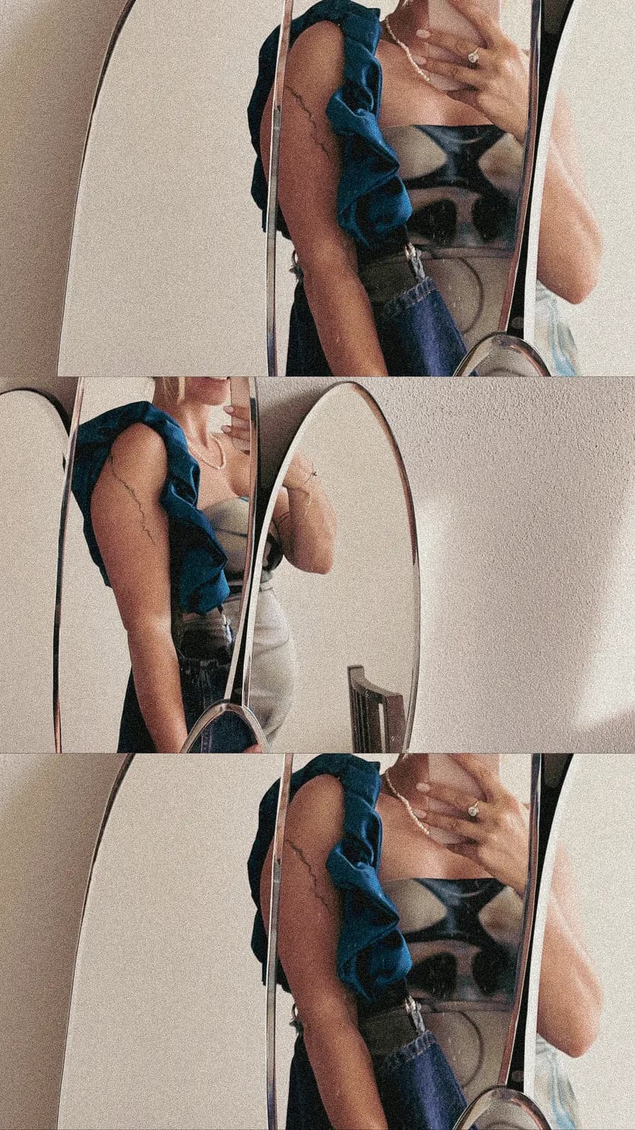 Tmavě modrý volánkový popruh Rufflelove nošený crossbody přes rameno
